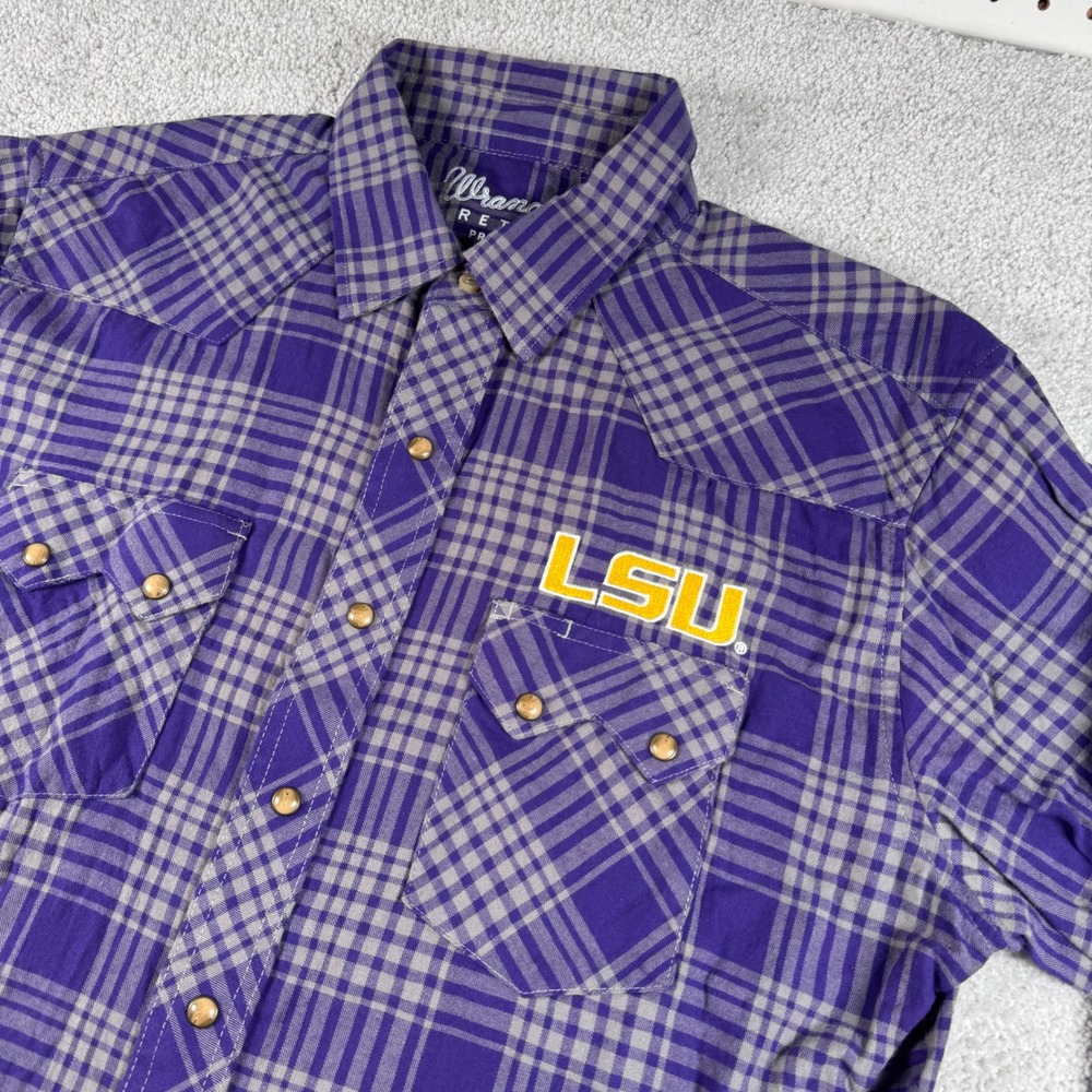 LSU Tigers Wrangler Retro Premium Western Shirt Mens L Purple Plaid Pearl Snap